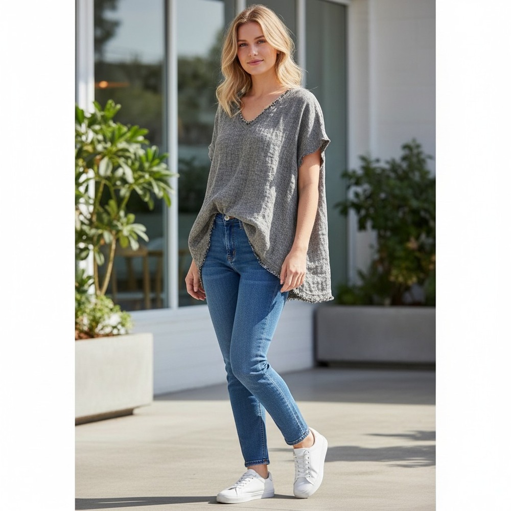Fabulous! Linen V-Neck Top Women Medium Gray Frayed Hem Short Sleeve 1652